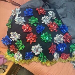 Festive Bow and Tinsel Decorated Black Mini Skirt